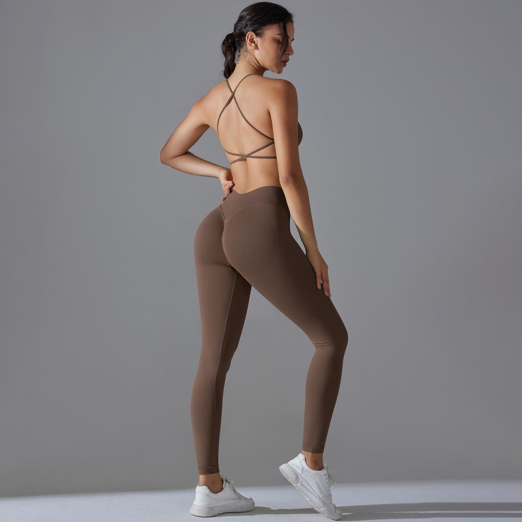 New Seamless Knitted Solid Color Sexy Back Tight Fashion Back V-waist Yoga Suit Running Fitness Set