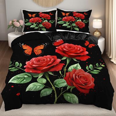 Red Rose Butterfly 3D Printed Duvet Cover Elegant High-Quality Bedding Set Soft Comfortable Home Textiles Quilt Cover Pillowcase