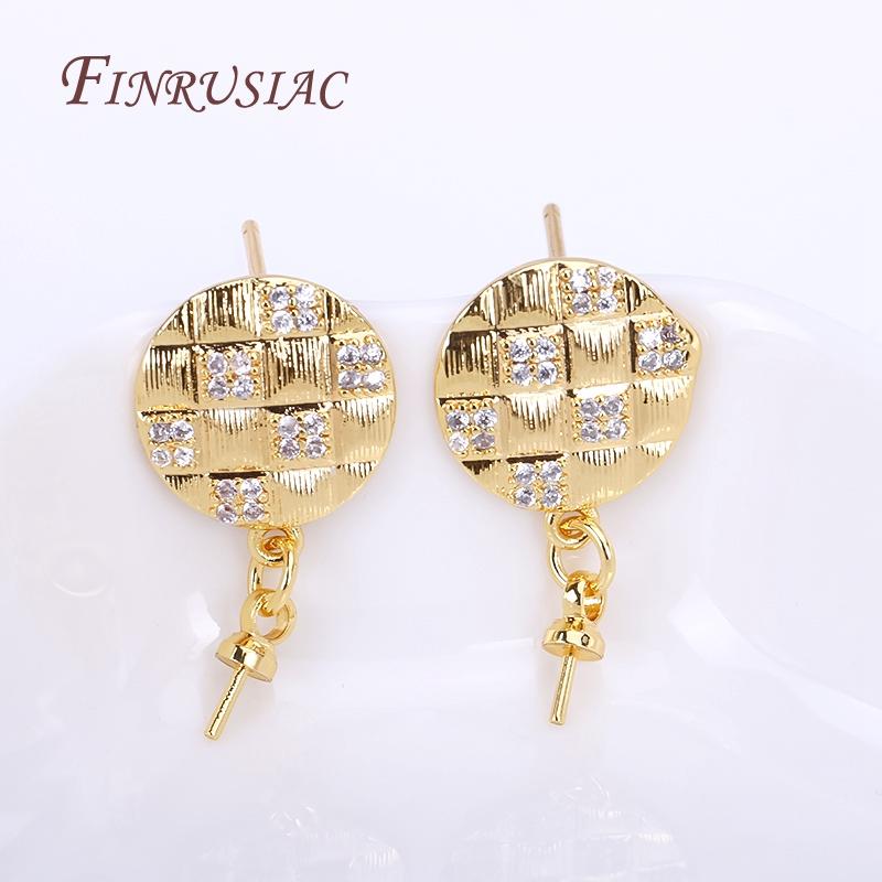 18K Real Gold Plated Zircon Inlaid Round Post Earring Findings Accessory With Pearl Pendant Mounting,DIY Earring Jewelry Making