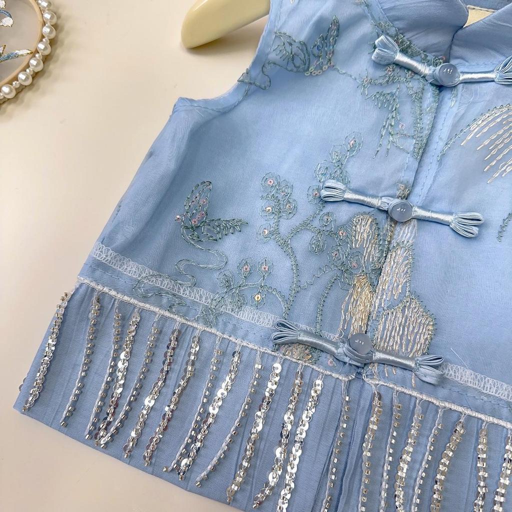 Girls' Summer Embroidered Tassel Vest & Long Pants Set