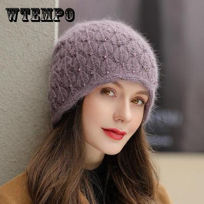 Nouveau chapeau d'hiver mode de rue mélange de fourrure de lapin épais chaud bonnet chapeau pour les femmes élégant perle décoration tricoté chapeau dames cadeau