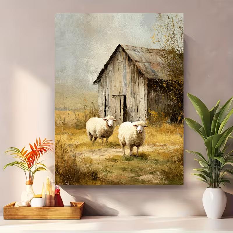 Rustic Farmhouse Sheep Canvas Art Vintage Barn And Sheep Illustration, Country Living Wall Decor, Pastoral Print Rustic Home Decor, Frameless 20x30cm