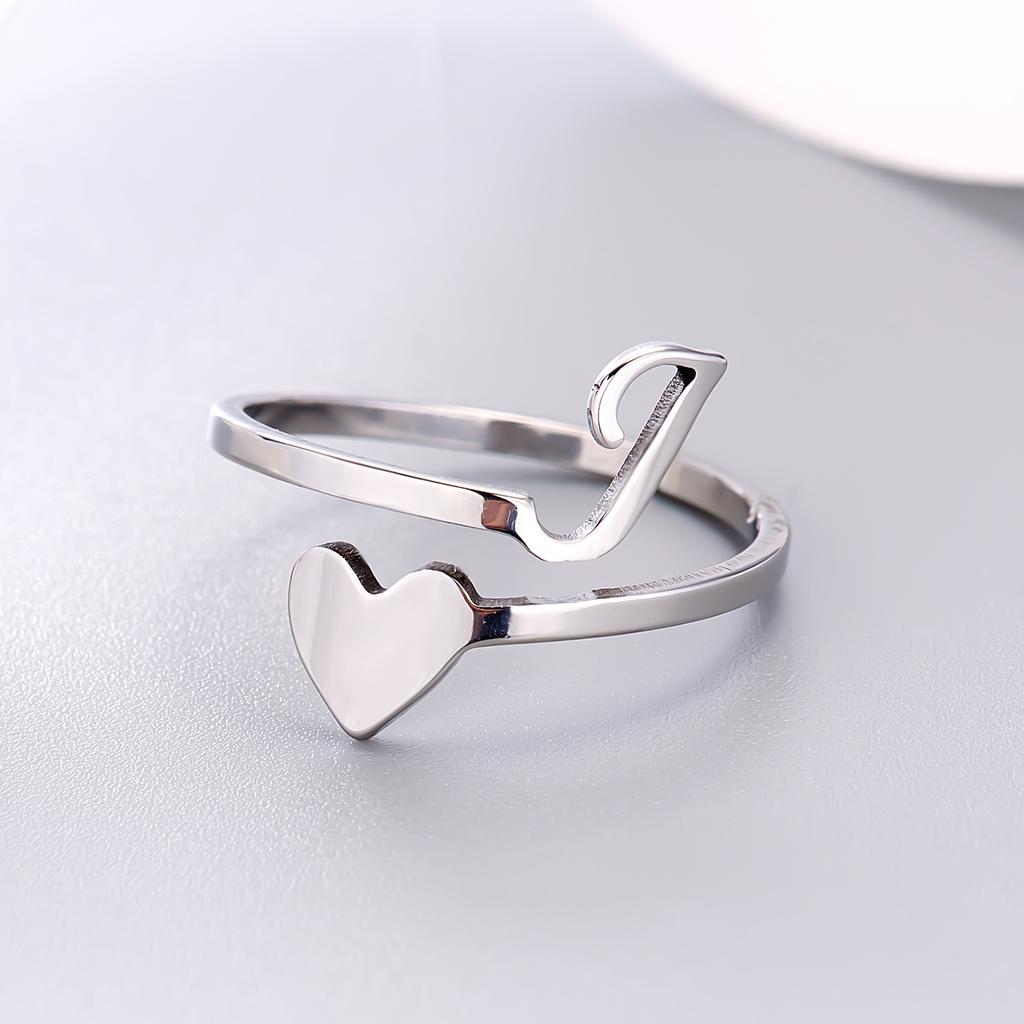 Silver Color 26 Letter Love Heart Rings Stainless Steel Open Ring for Women Men Couple Initial Name Finger Jewelry Gifts