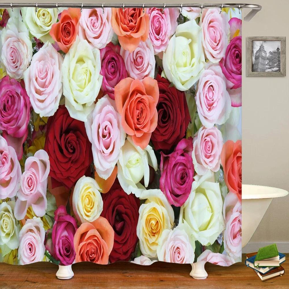 Romantic Rose Garden Print Water-resistant Shower Curtain with Lush Floral Design for Romantic and Serene Bathroom Decor