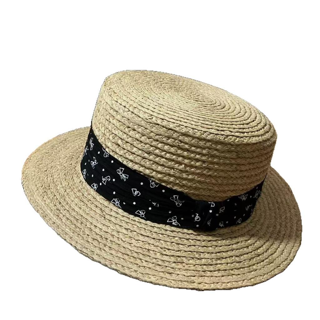 Summer seaside vacation straw hat French raffia floral streamer large brim shading flat top top hat idyllic