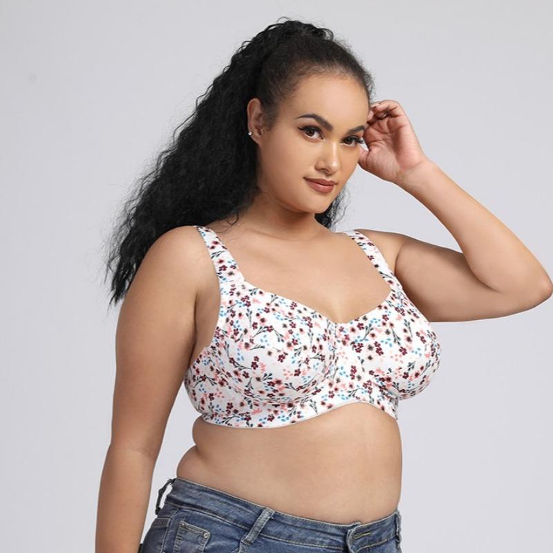 Ultra-thin Fine Cotton High-quality Wide Shoulder Straps Steel Ring Plus Size Bra European and American Printed Underwear