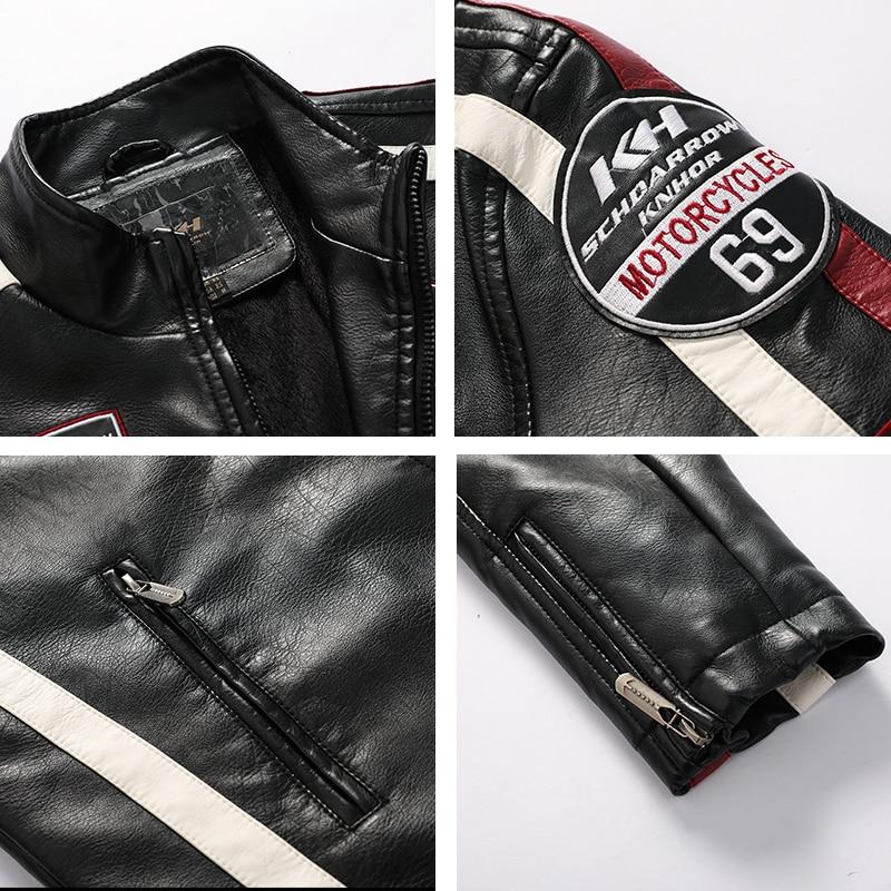 Men Motorcycle Jacket Winter Men Faux Pu Leather Jacket Casual Embroidery Coat Zipper Fleece Jacket