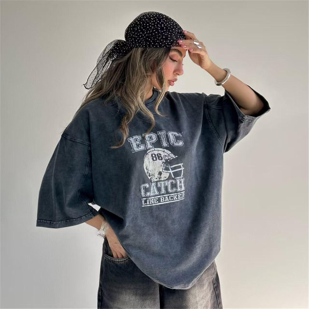 Trendy Distressed Retro Loose-Fit High Street T-shirt for Women 2XL промывают черный
