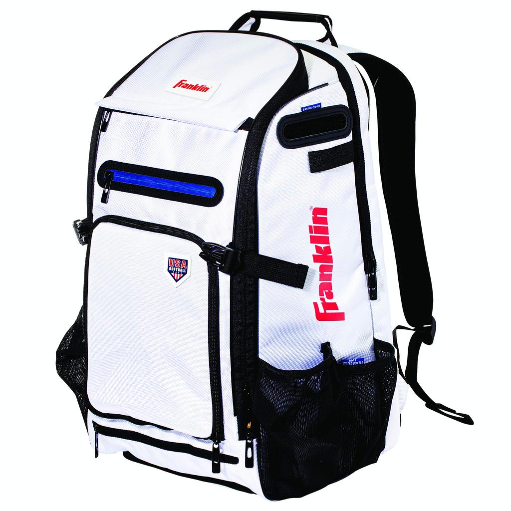 Franklin Sports Fastpitch Softball Bat Bag USA Traveler Elite Bat Backpack Equipment Bat Pack Fits Cleats Bats White - - Girls' & Women's - Helmet, +