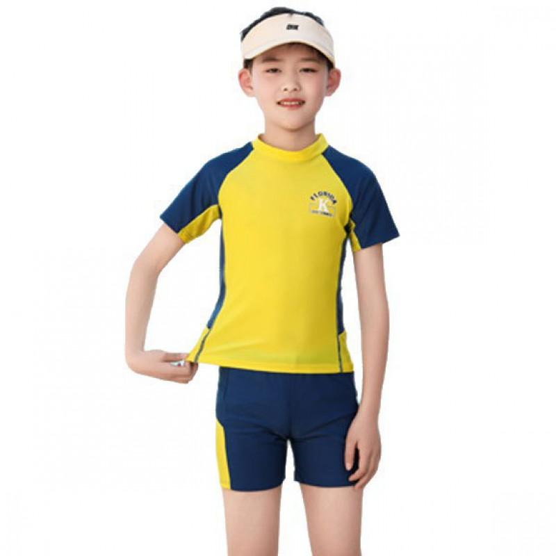 Boys Quick-Dry Swimwear Set Yellow Blue Contrast Rash Guard Top Briefs Swimming Pool Beach Water Sports