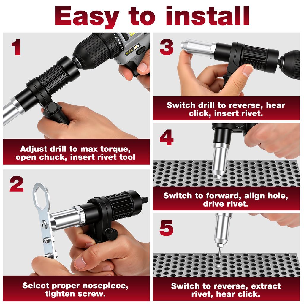 Pop Rivet Gun Adapter Kit Rivet Drill Attachment with 4 Rivets Heads 2.4mm 3.2mm 4.0mm 4.8mm Cordless Electric Drill Riveter Ins