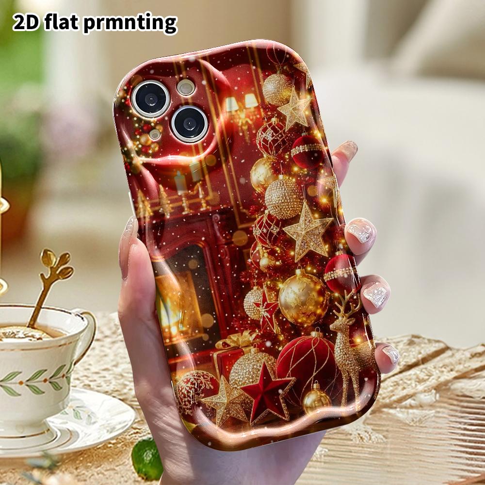 Phone Case: 2D Flat, Fits iPhone 12 Pro, 13, 14, 15, 16, 17, 18, Phone Decoration, Red and Gold Christmas Theme for Indoors, Perfect Holiday Gift for