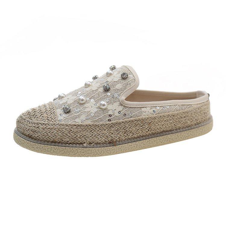Fisherman Baotou Half Slippers Women's New Summer 2024 Korean Version Casual Outer Wear Pearl Rhinestone Thick-bottomed Straw Slippers