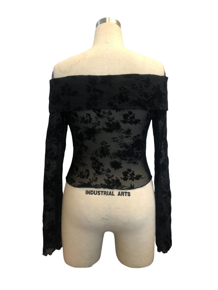 Women's Knitted Mesh Flocked Floral Print Strapless Flared Sleeve Slim T-shirt Tops Women Versatile Closet Essential Fashion Items Shirt