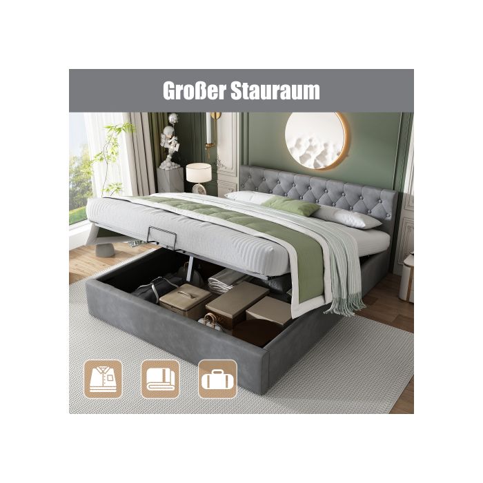 Lit - MUVOE - 140x200 Cm - Velours Gris - Tête De Lit Boutonnée - Rangement Hydraulique