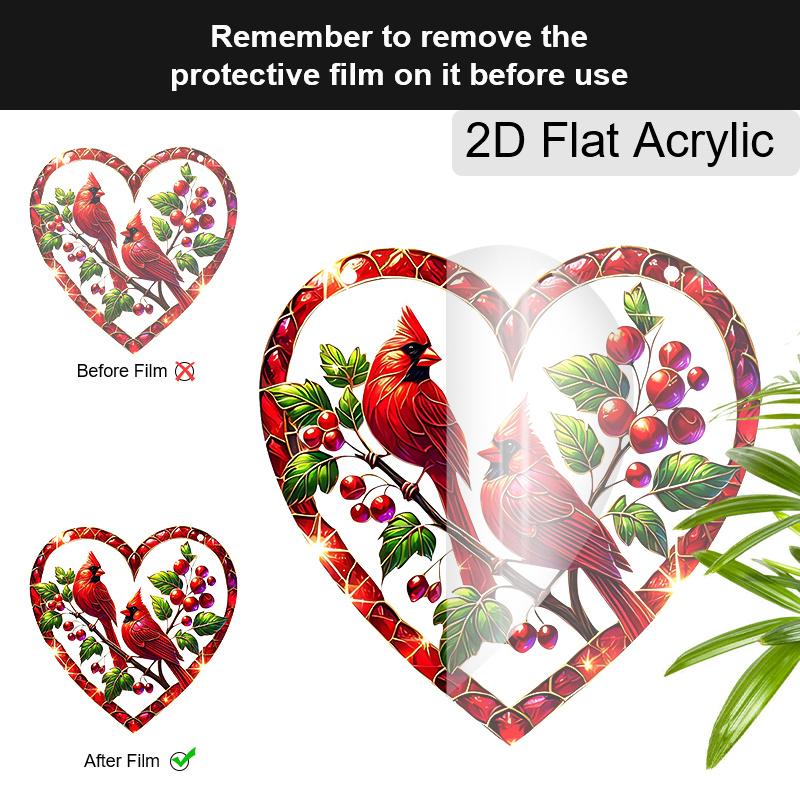 Acrylic Heart-Shaped Cardinal Birds Christmas Suncatcher Stained Glass Effect Window Hanging Ornament Bird Lover Holiday Gifts