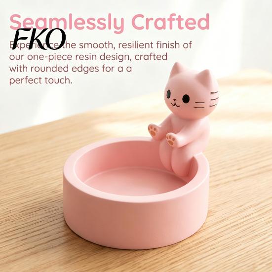 Matte Finish Jewelry Holder Cute Cat Storage Tray, with Deep Plate Slot, Pink Shaped Organizer Resin Decorative Ornament, for Dressing Table And