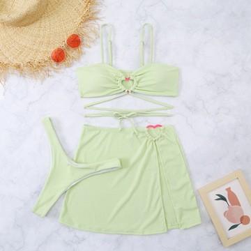 Swimsuit new solid color strap love sexy three-piece skirt bikini swimsuit women