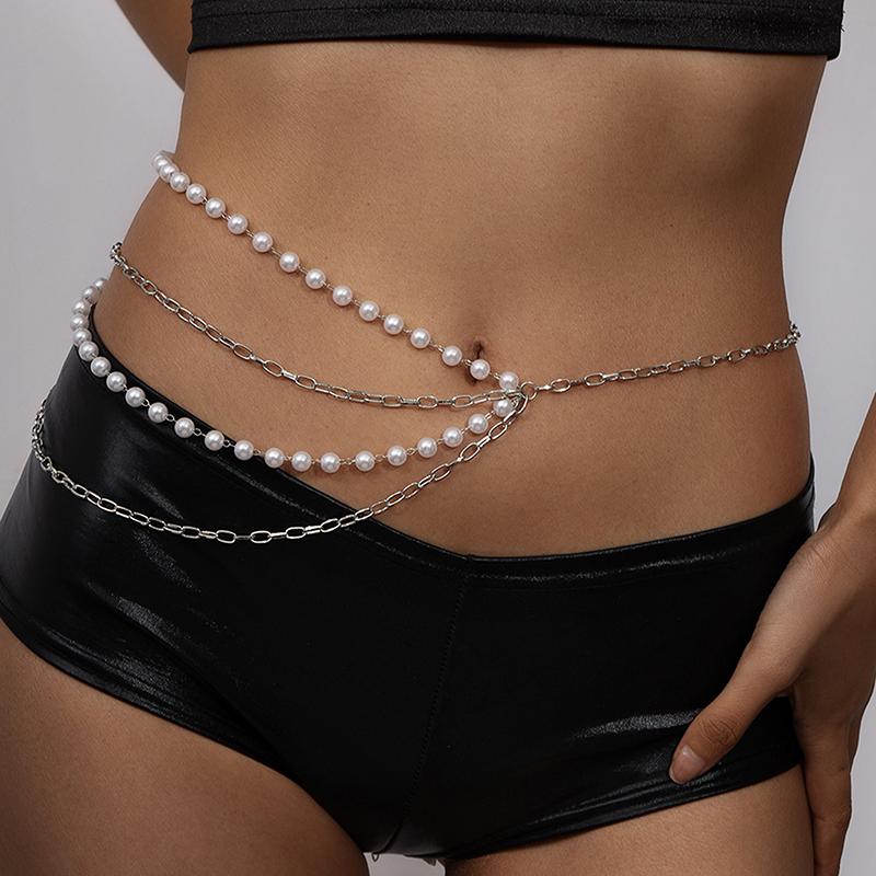 Flower Pearl Tassel Necklace Ladies Sexy Pearl Multi-Layer Body Chain Elegant Waist Chain For Beach Outfit  Accessory