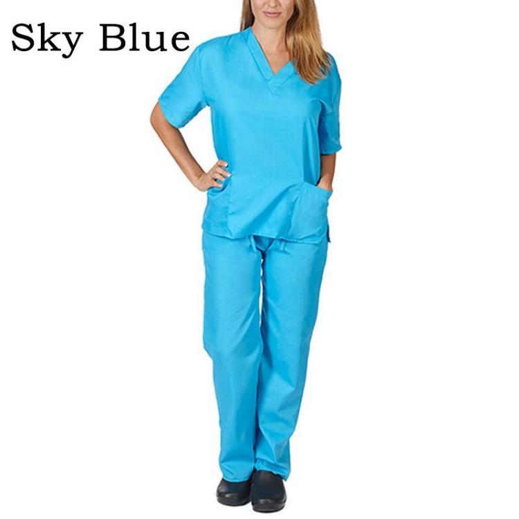 

V Neck Short Sleeve Comfortable Fast Drying Nursing Uniform Scrub Suit Tops and Pants Two Piece Set Workwear 2XL небо синє кольору