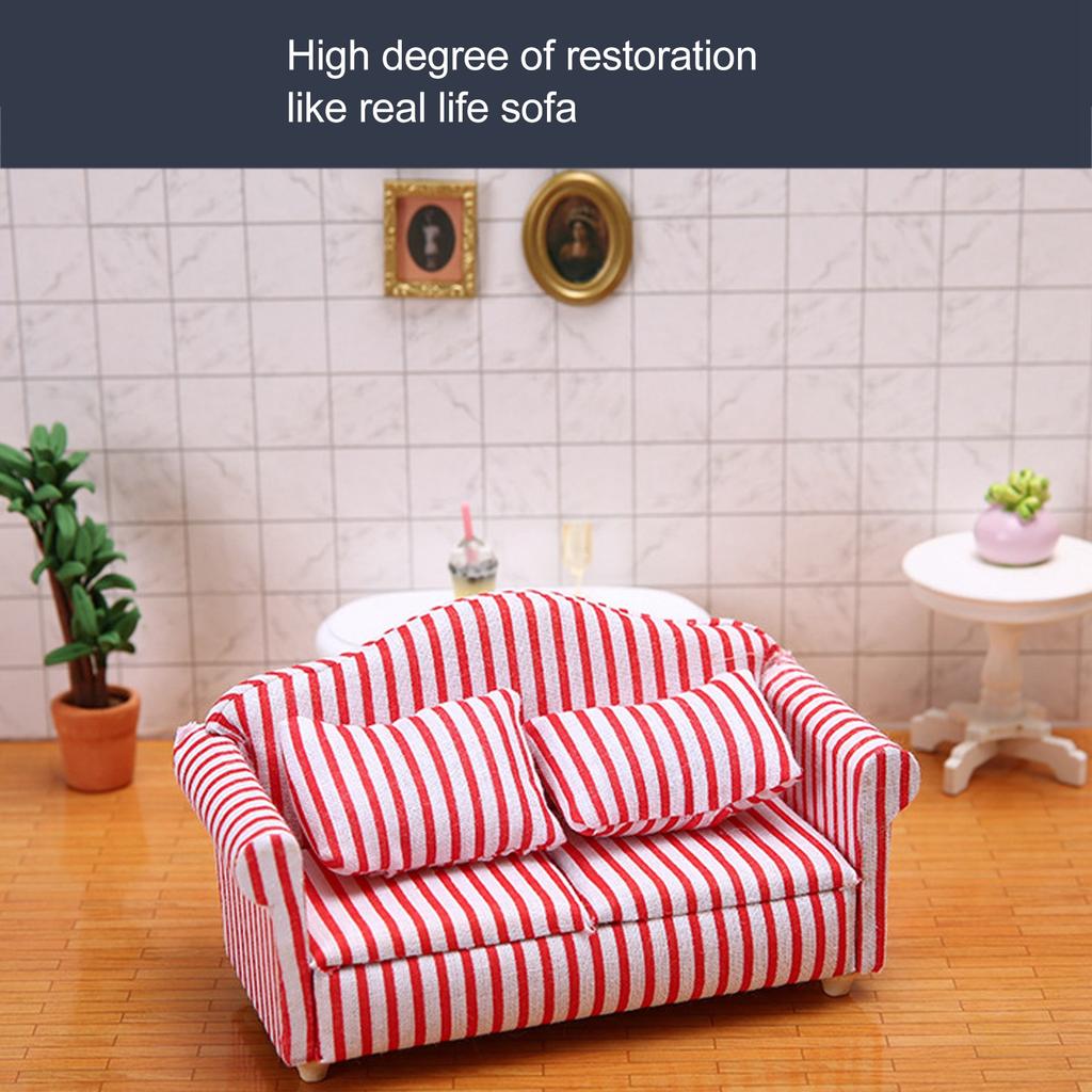 3Pcs   Sofa Set Pine Cloth Double Sofa 2 Single Sofa Light Color Strip  ature Sofa for 1:12 Doll House