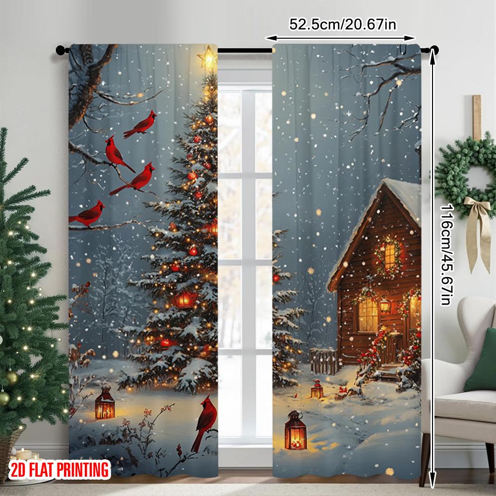 2pcs 2D flat printing Christmas Curtains Snow Christmas tree_ red card Versatile Polyester Without Electricity Family Party for