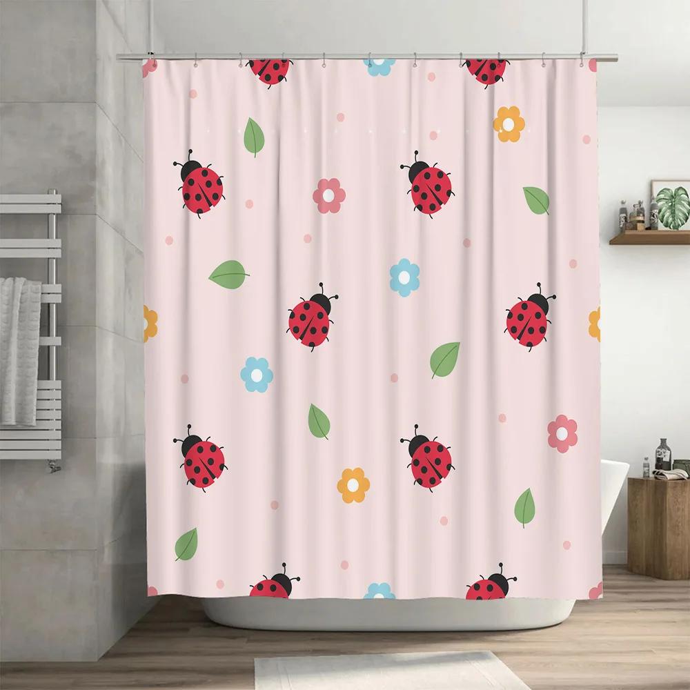 Bathroom Decor Shower Curtain Waterproof Fabric Cartoon Floral Fly Ladybug Print Home Decoration Pink (180cm)