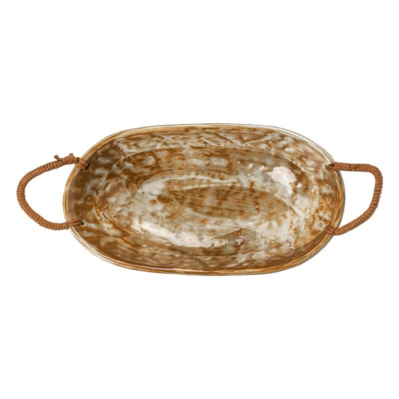 Retro Style Handmade Coarse Pottery Rope Woven Binaural Bowl Japanese Ceramic Oval Bowl Household Tableware Vegetable Bowl Fruit Salad Bowl