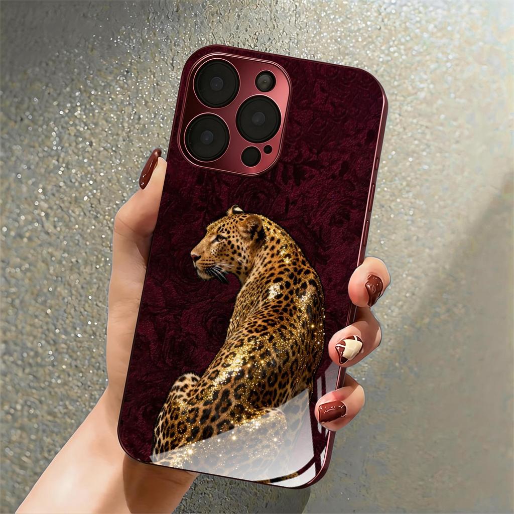 Luxurious gold leopard pattern electroplated glass phone case suitable for iphone 11ProMax 12 12MINI 13 15 15Promax 16 17Promax