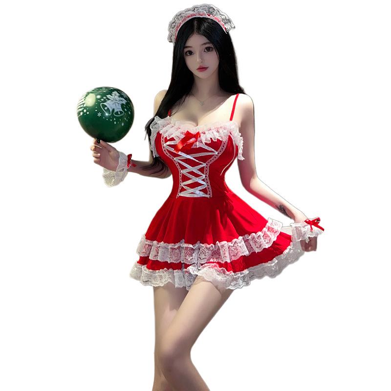 Sexy Deep V Lingerie Camisole Christmas Maid Dress for Role Play