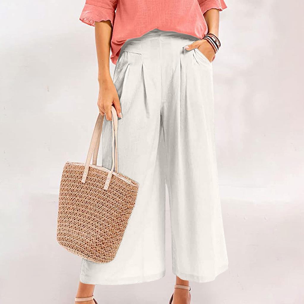 Women's Casual, Stylish, Loose-fitting, High-waisted, Cropped Cotton-linen Wide-leg Culottes