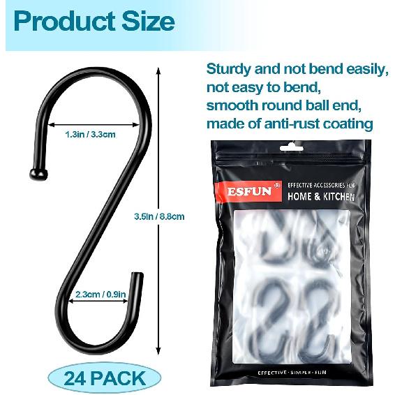 24 Pack S Hooks, 3.5 Inch Heavy Duty S Hooks for Hanging Plant, Large Closet Rod Hooks for Jeans Bags, Black Metal S Shaped Hook for Plant Basket,