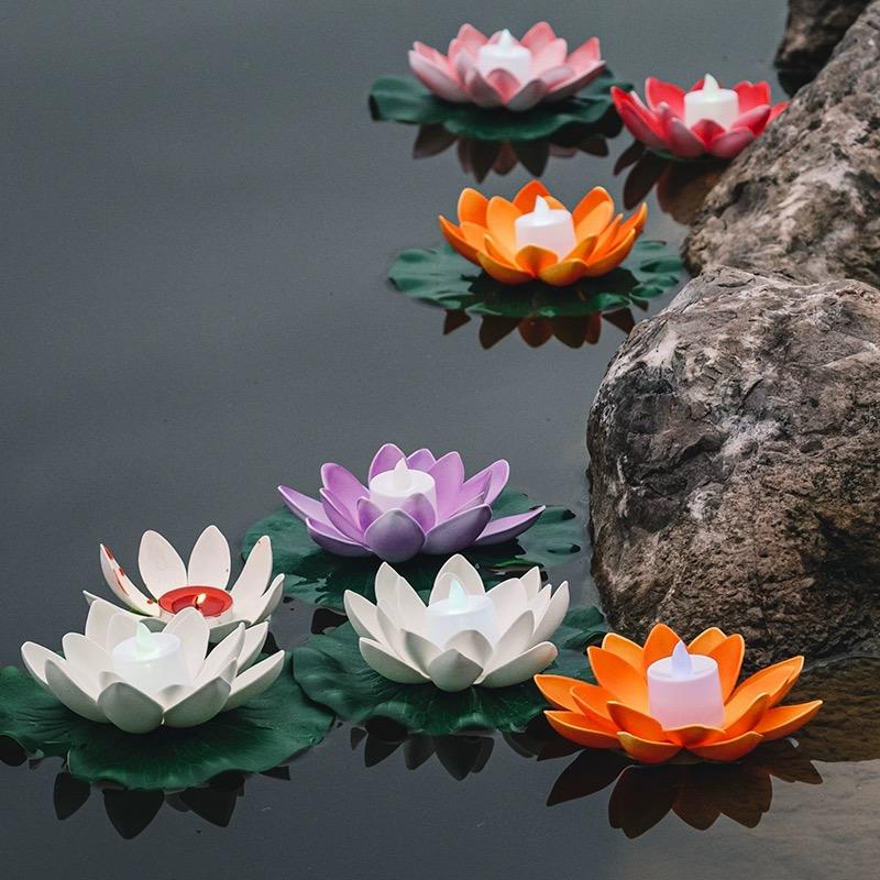 LED Double Petal Lotus Night Light Floating Water Sensor FlowerColor Light Garden Fish Tank Decoration Festive Wishing Light