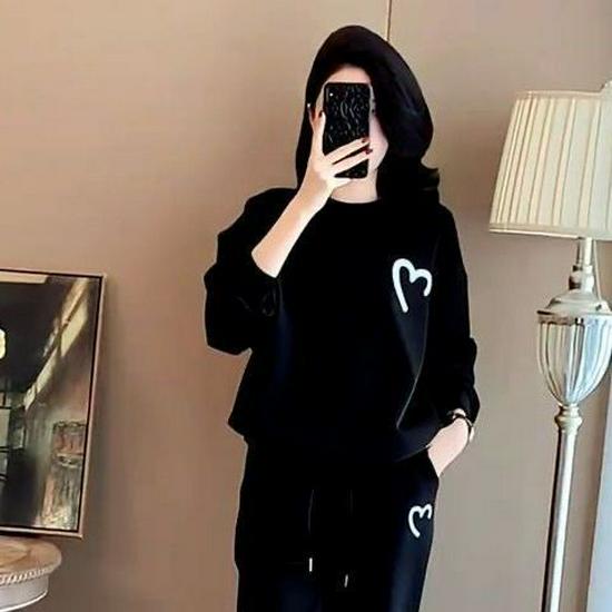 Stylish Korean Plus Velvet Thickened Casual Hoodie Two-Piece Set for Women - Autumn/Winter Chic Slimming Look