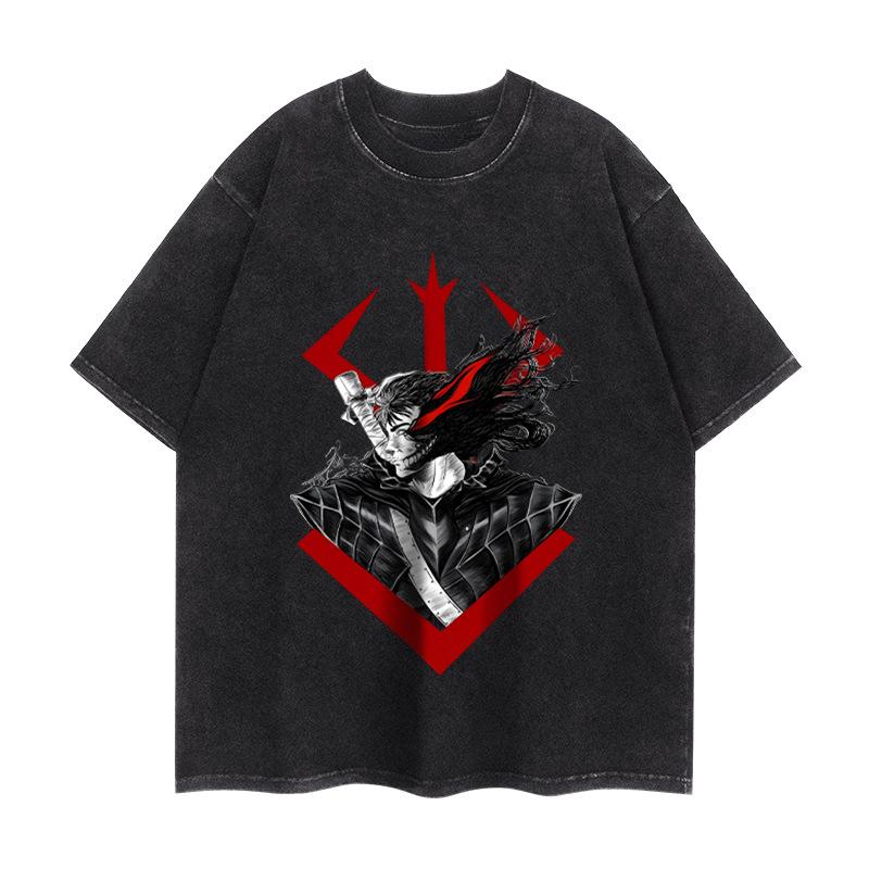 Anime Berserk T Shirt Vintage Washed T-shirts Oversized Streetwear Tops Black Tees Men Women Clothing Cotton Fashion Tshirt