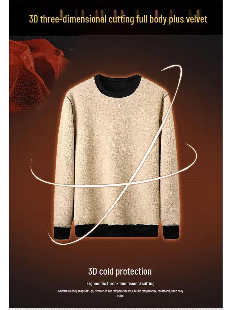 Men's Fleece-Lined Crew Neck Sweatshirt - Loose Fit, Solid Color, Warm Autumn/Winter Wear.