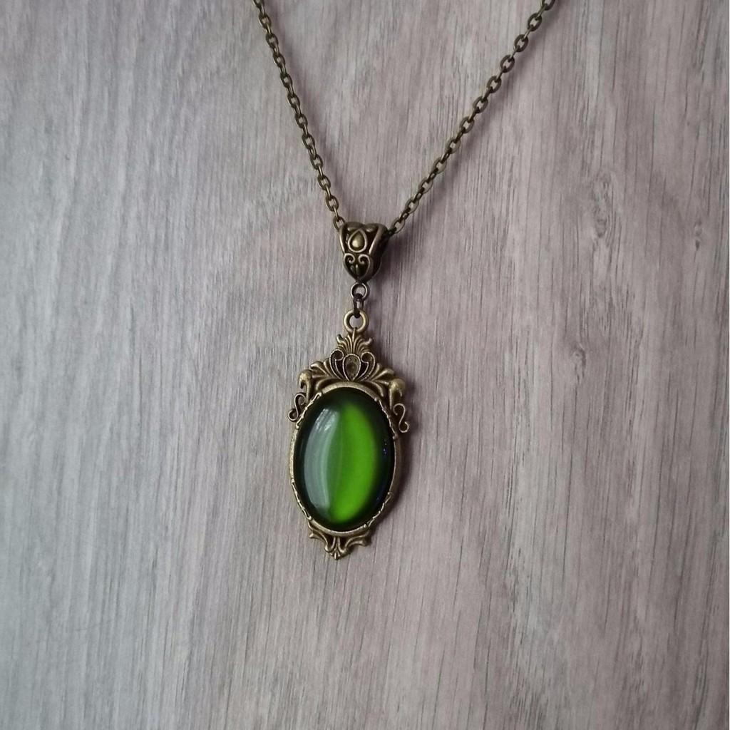 Gothic Bronze Pendant Necklace With Green Stone And Cross Chain For Women