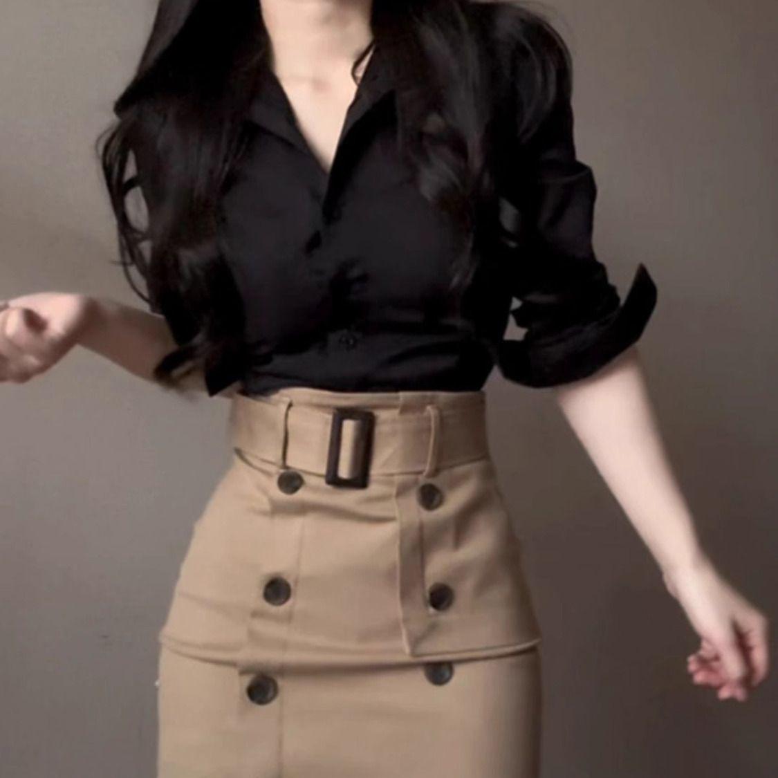 

Elegant Autumn Waist-Cinched Shirt & Hip-Hugging Skirt Set Small