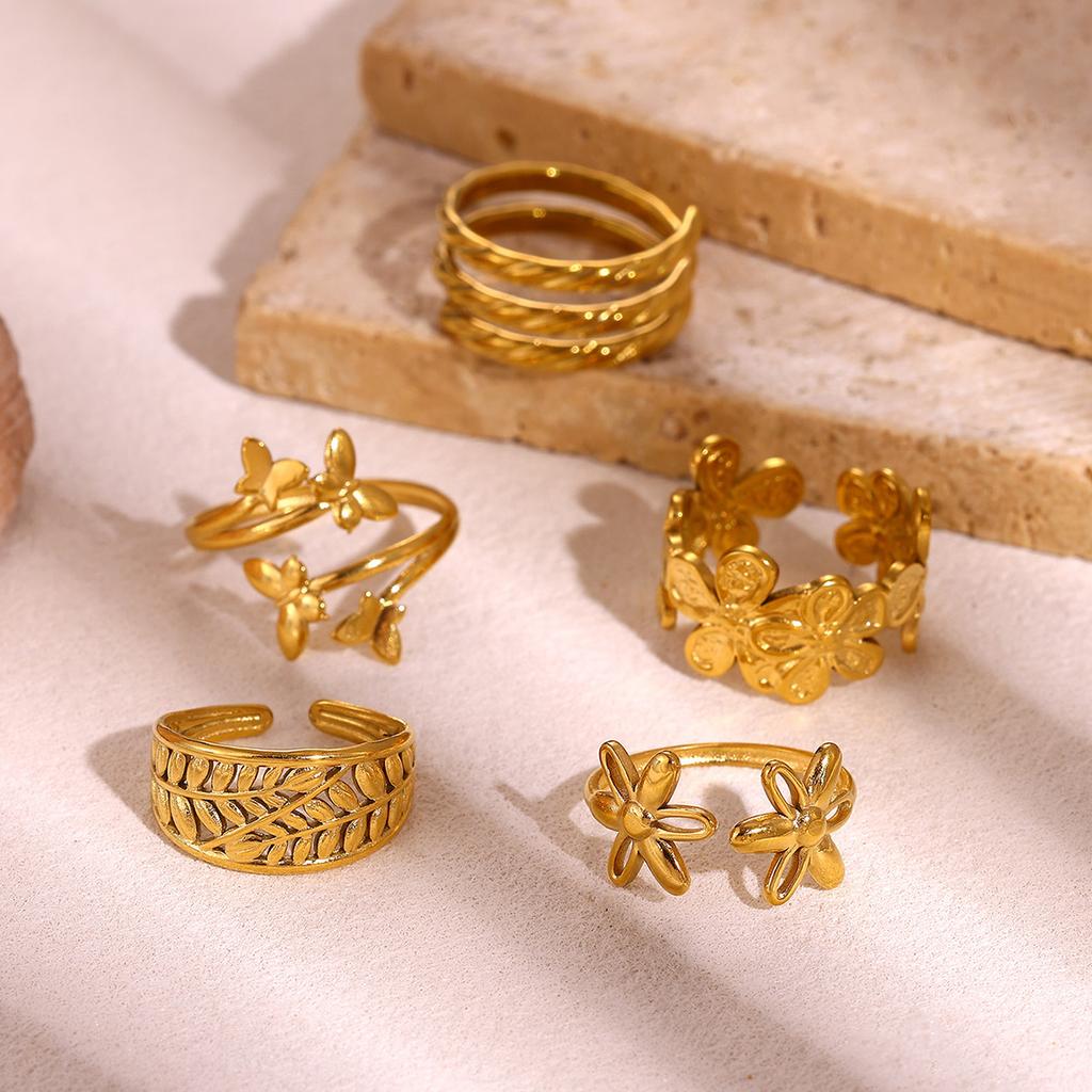New Gold Color Rings For Women Geometric Flower Minimalist Stainless Steel Anillos Waterproof Butterfly Jewelry Elegant Her Gift