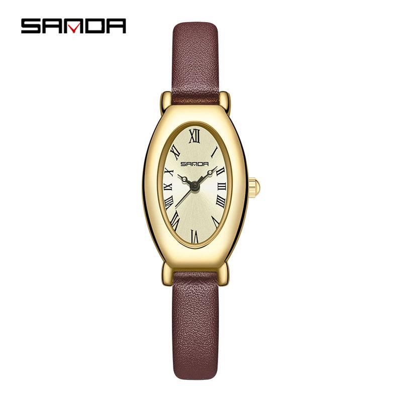 Sanda Gold Steel Band Women's Quartz Watch - Trendy, Waterproof, Simple Roman Dial, Leather Strap