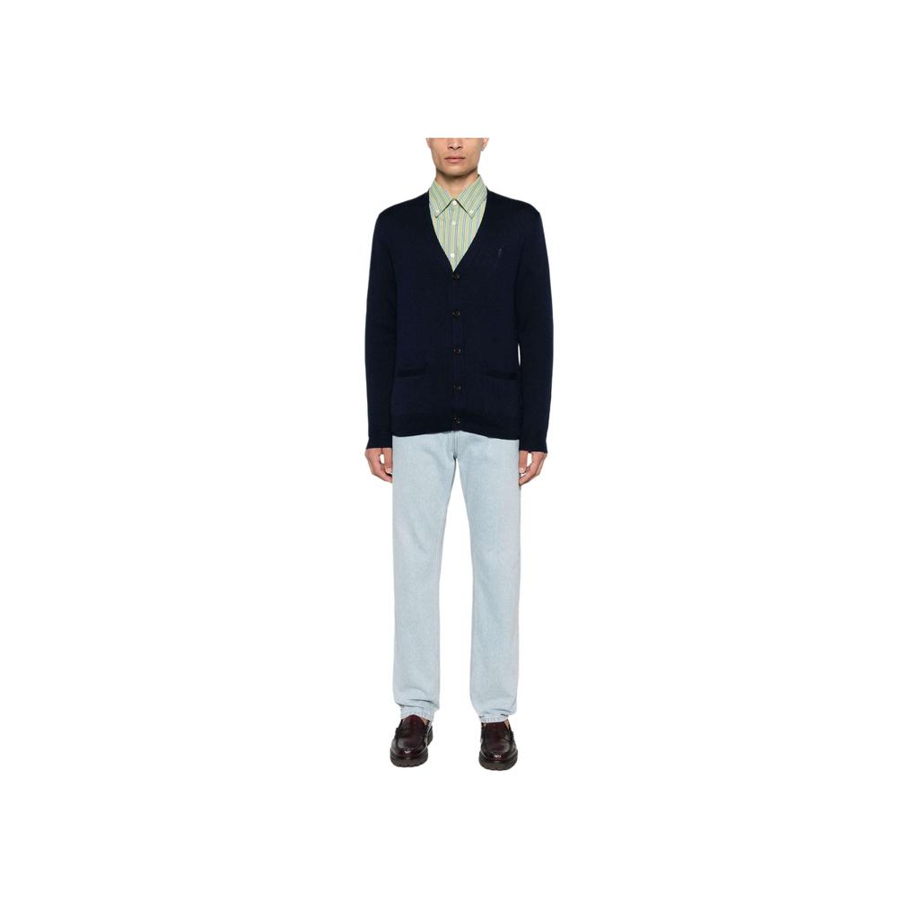 Polo Ralph Lauren Solid Slim Fit V-Neck Single-Breasted Long Sleeve Knit Sweater Men Sweater Navy-Blue 710946144001