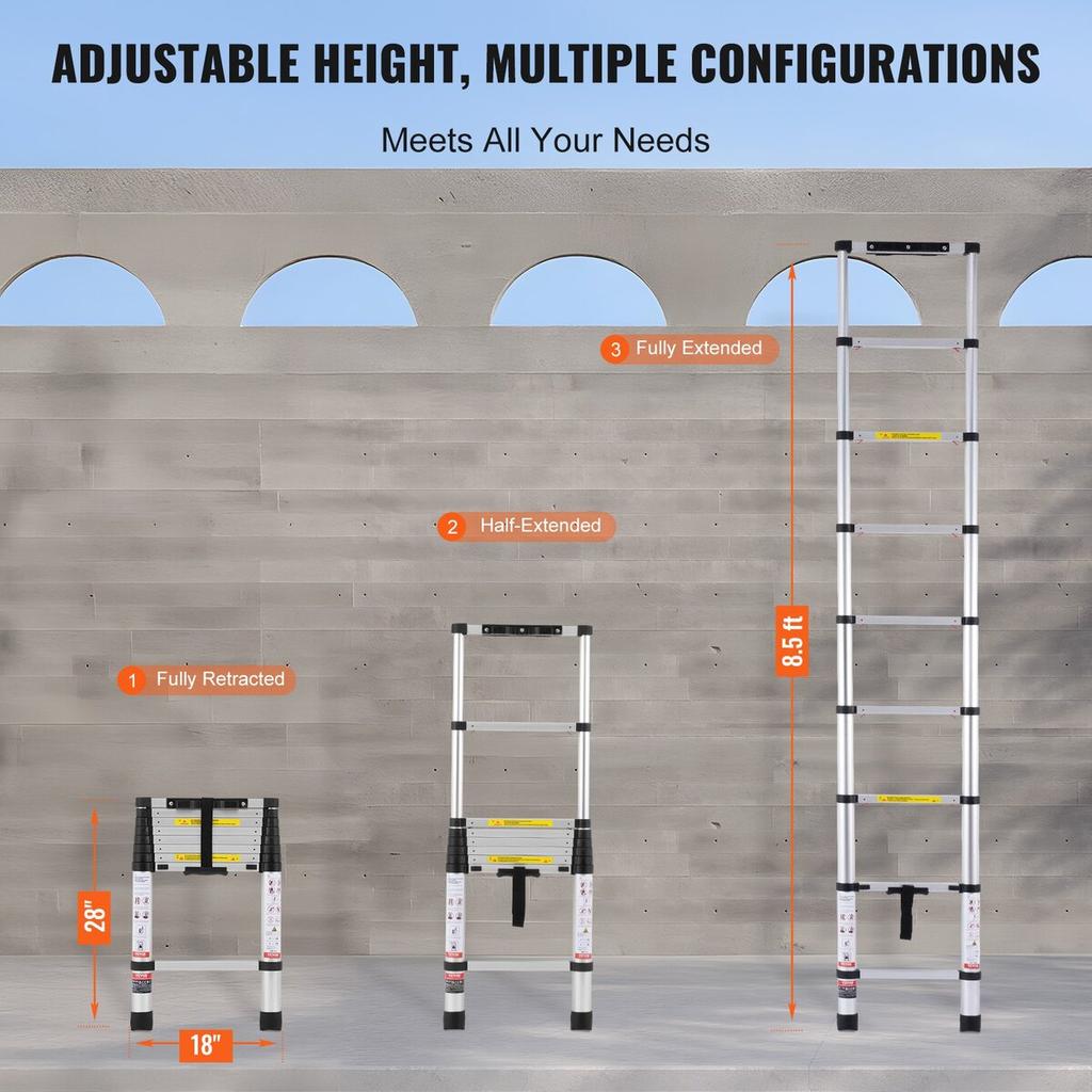 Telescoping Extension Ladder 8.5FT One-button Retraction 375 LBS Capacity