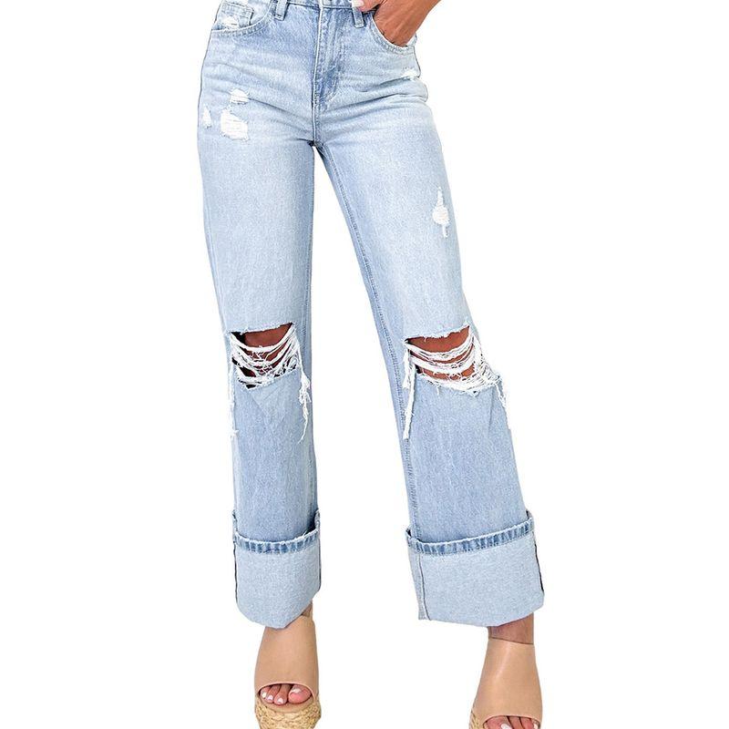 2025 Summer New All-Match Ripped High Waist Jeans Women European and American Fashion Slim Fit Slimming Straight Trousers Women
