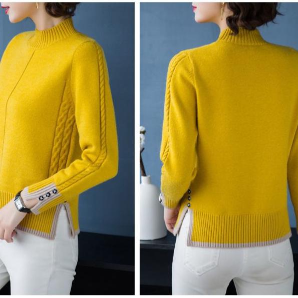 Fall/Winter Women's Semi-Turtleneck Sweater Thickened Loose Pullover Knitwear Split Stretch Knit Jumper