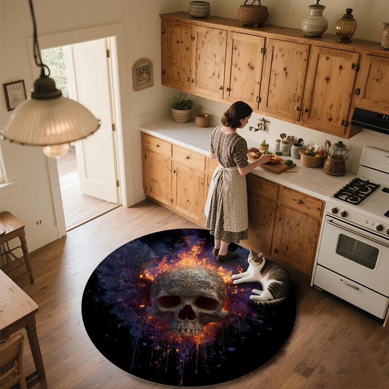 Flame Skull,Round Area Rug,Carpet Rug for Living Room Bedroom Sofa Playroom Decor,Non-slip Floor Mat