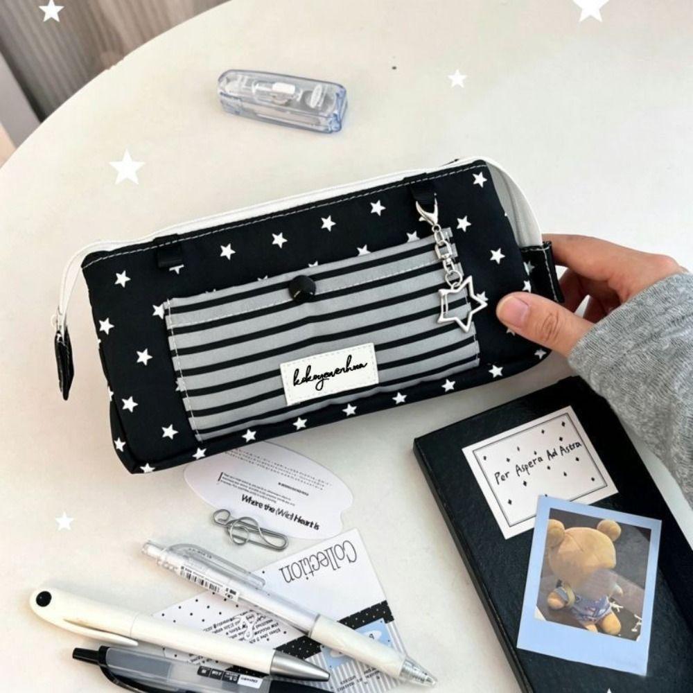 Large Capacity Star Pencil Case Striped Pen Organizer Zipper Stationery Pouch Award Gifts