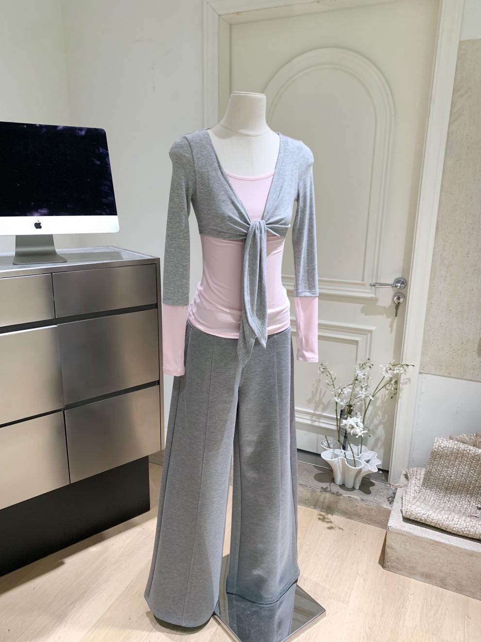 

YUYREA Women s Fashion Faux Two-Piece Long Sleeve Tee & Wide Waist Knit Pants Set Gray-Pink Top