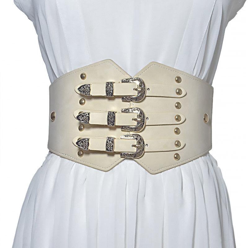 Women's Retro Faux Leather Belt with Rivet Pin Buckle - Versatile Wide Waistband Accessory
