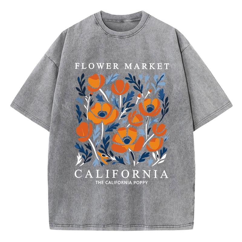 Flowers Market California Prints Washed TShirts Womens Cottontops Comfortable ONeck Oversize T Shirts Fashion Womans Clothes