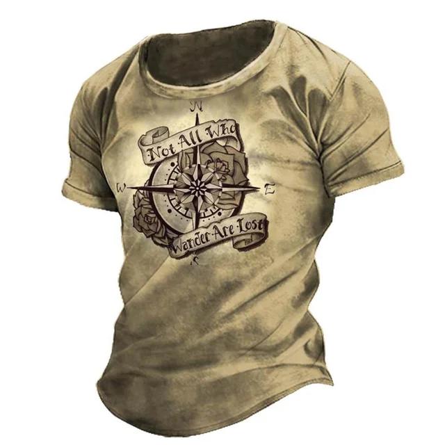 Summer Round Neck 3D Print Vintage Compass Pattern Top Fashionable Casual Short Sleeved Men's T-shirts